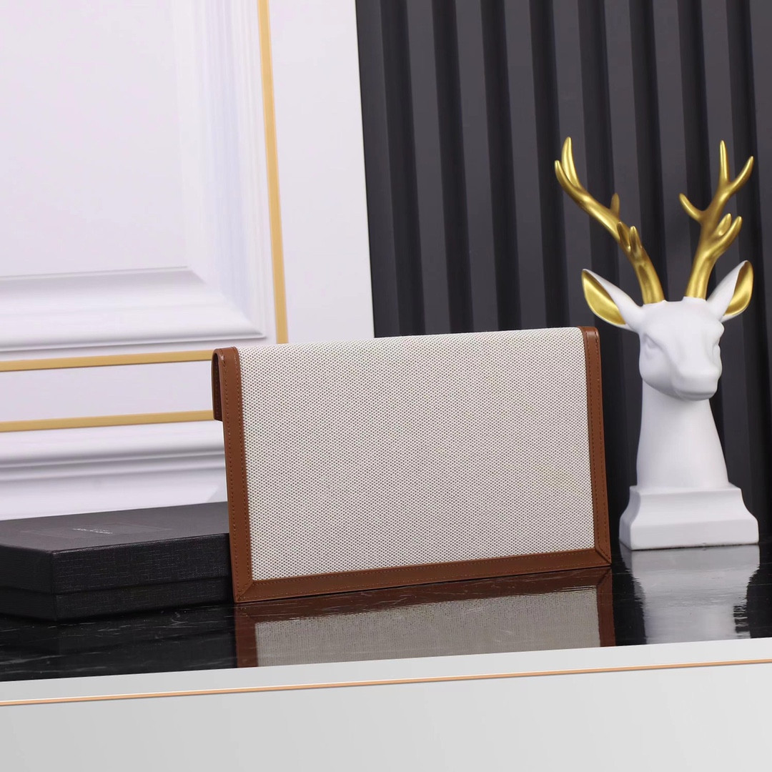 Y*L uptown pouch in canvas and smooth leather natural beige 10.6 x 6.2 x 0.7 inches