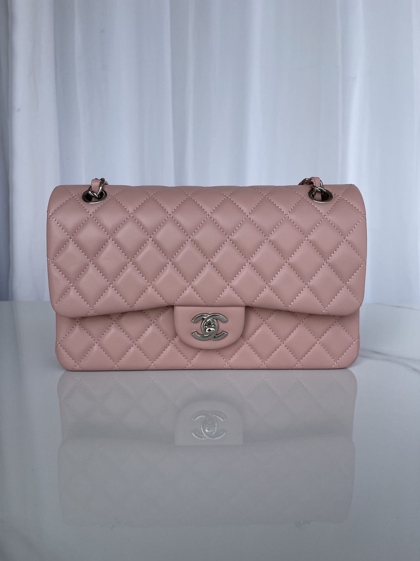 Ch*el classic flap 25cm cf pink silver 6 × 9.9 × 2.5 in