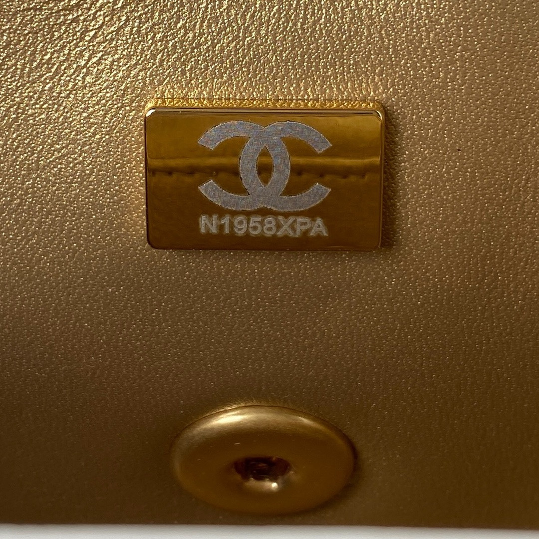 Ch*el mini flap bag shiny calfskin & gold-tone metal white 4.7 × 7.8 × 2.3 in