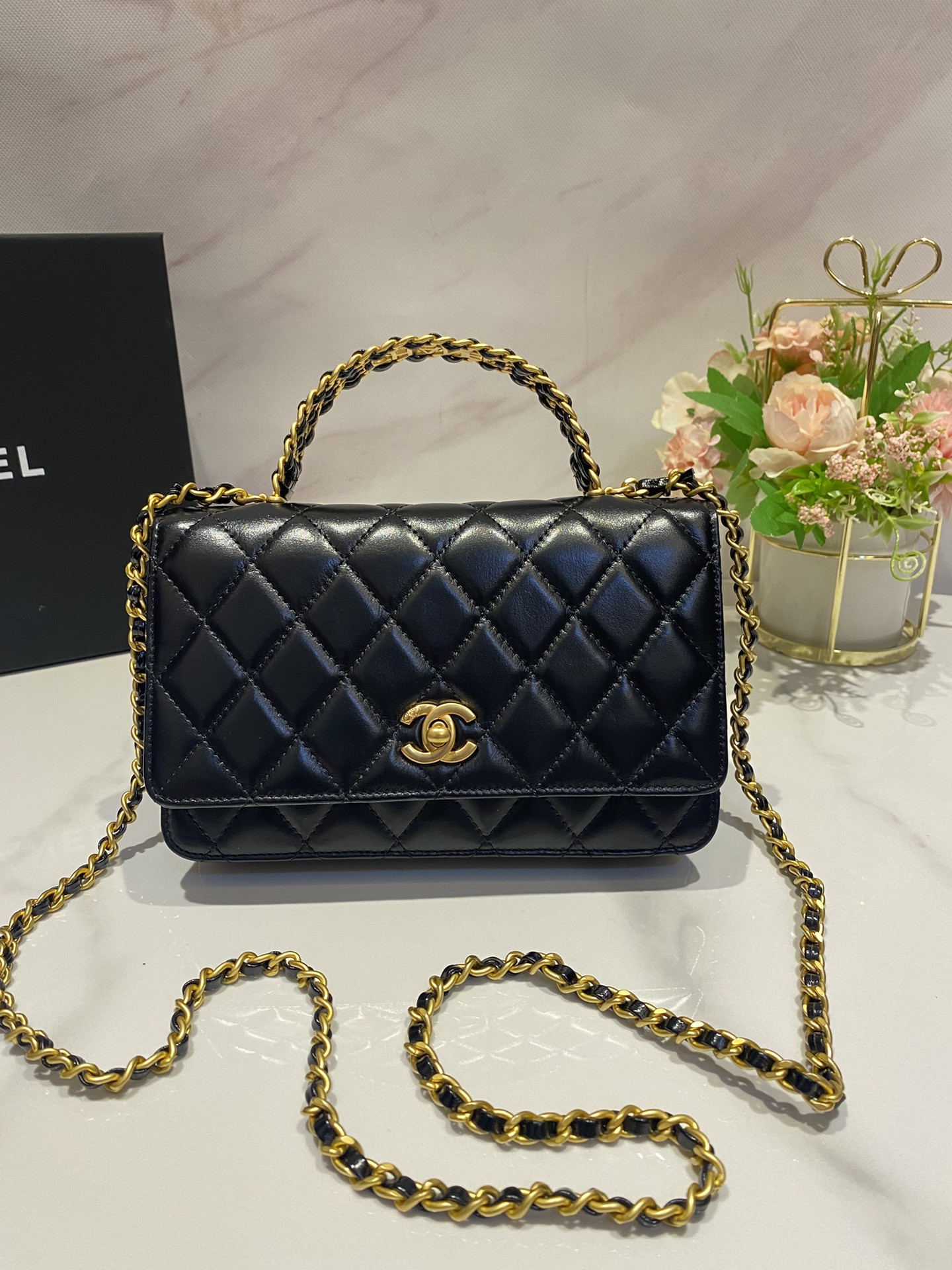 Ch*el classic wallet on chain rhinestone handle black 4.8 × 7.5 × 1.4 in